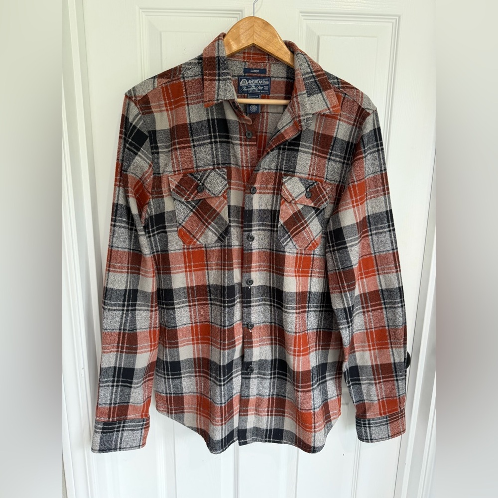 American Rag Orange Black and Cream Plaid Button-Up Shirt